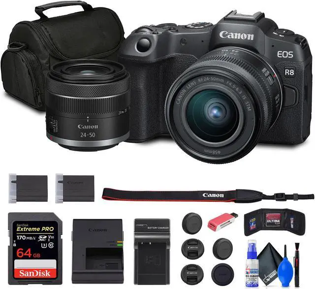 Main image of Canon EOS R8 Mirrorless Camera with RF 24-50mm Lens + 64GB Card + Bag + Charger + Battery + More