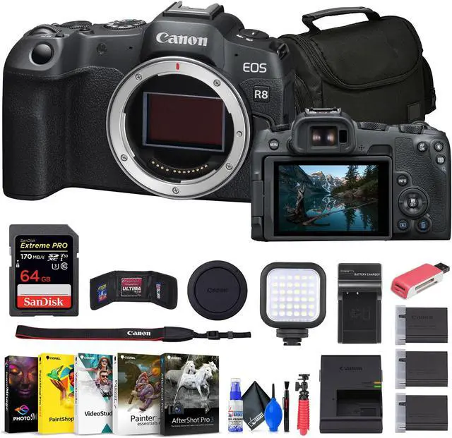 Main image of Canon EOS R8 Mirrorless Camera + 64GB Card + Bag + Charger + Battery + More