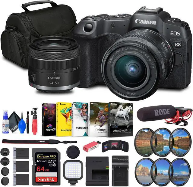 Main image of Canon EOS R8 Mirrorless Camera with RF 24-50mm Lens + 64GB Card + Bag + Charger + Battery + More