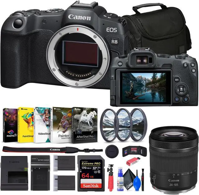 Main image of Canon EOS R8 Mirrorless Camera + 64GB Card + Bag + Charger + Battery + More