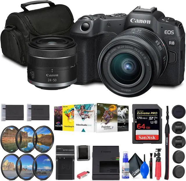 Main image of Canon EOS R8 Mirrorless Camera with RF 24-50mm Lens + 64GB Card + Bag + Charger + Battery + More