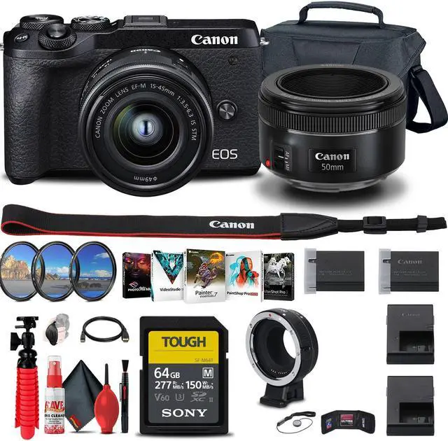 Main image of Canon EOS M6 Mark II Mirrorless Camera (Black) with 15-45mm Lens + More