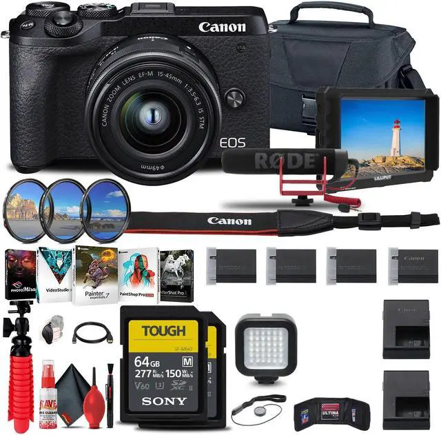 Main image of Canon EOS M6 Mark II Mirrorless Camera (Black) with 15-45mm Lens + More