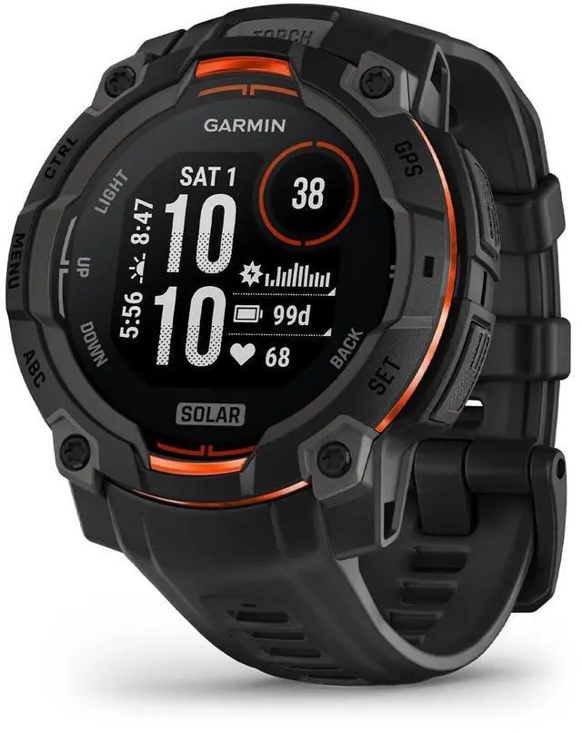 Main image of Garmin Instinct® 3 45mm, Solar Charged Display, Rugged Outdoor GPS Smartwatch, Metal-Reinforced Bezel, Built-in Flashlight, Black