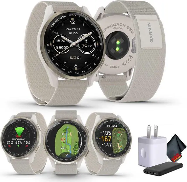 Main image of Garmin Approach S50, Cream Gold/Ivory Nylon GPS Golf Smartwatch Bundle