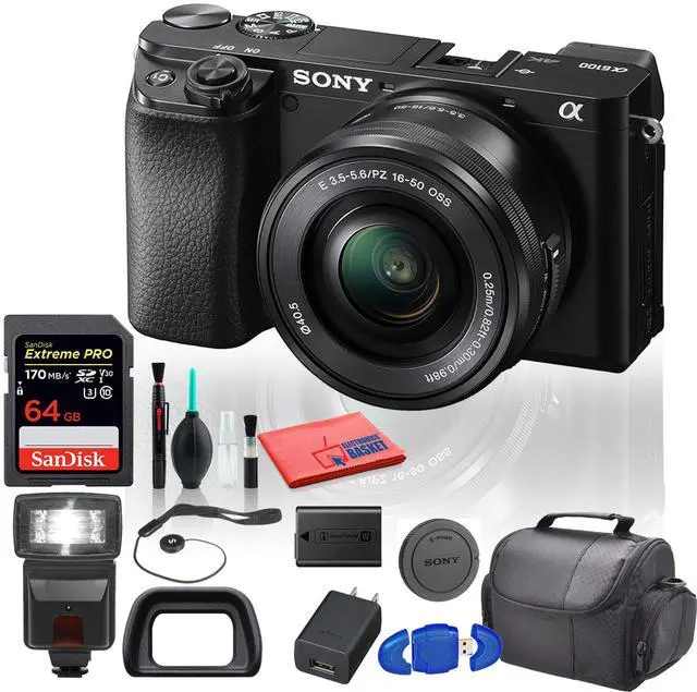 Main image of Sony Alpha a6100 Mirrorless Digital Camera (ILCE6100L/B) with 16-50mm Lenses With Flash, 64GB Memory Card, Padded Bag, and More - Beginner Bundle