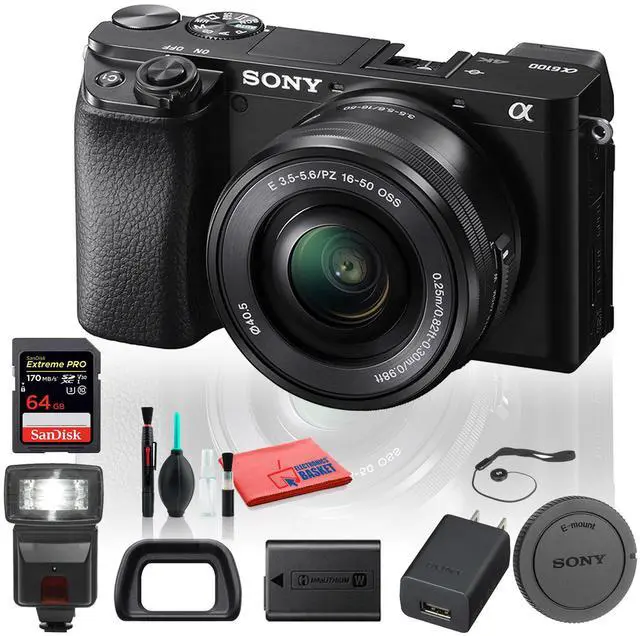 Main image of Sony Alpha a6100 Mirrorless Digital Camera (ILCE6100L/B) with 16-50mm Lenses With Flash, 64GB Memory Card, Cleaning Set and More - Base Bundle