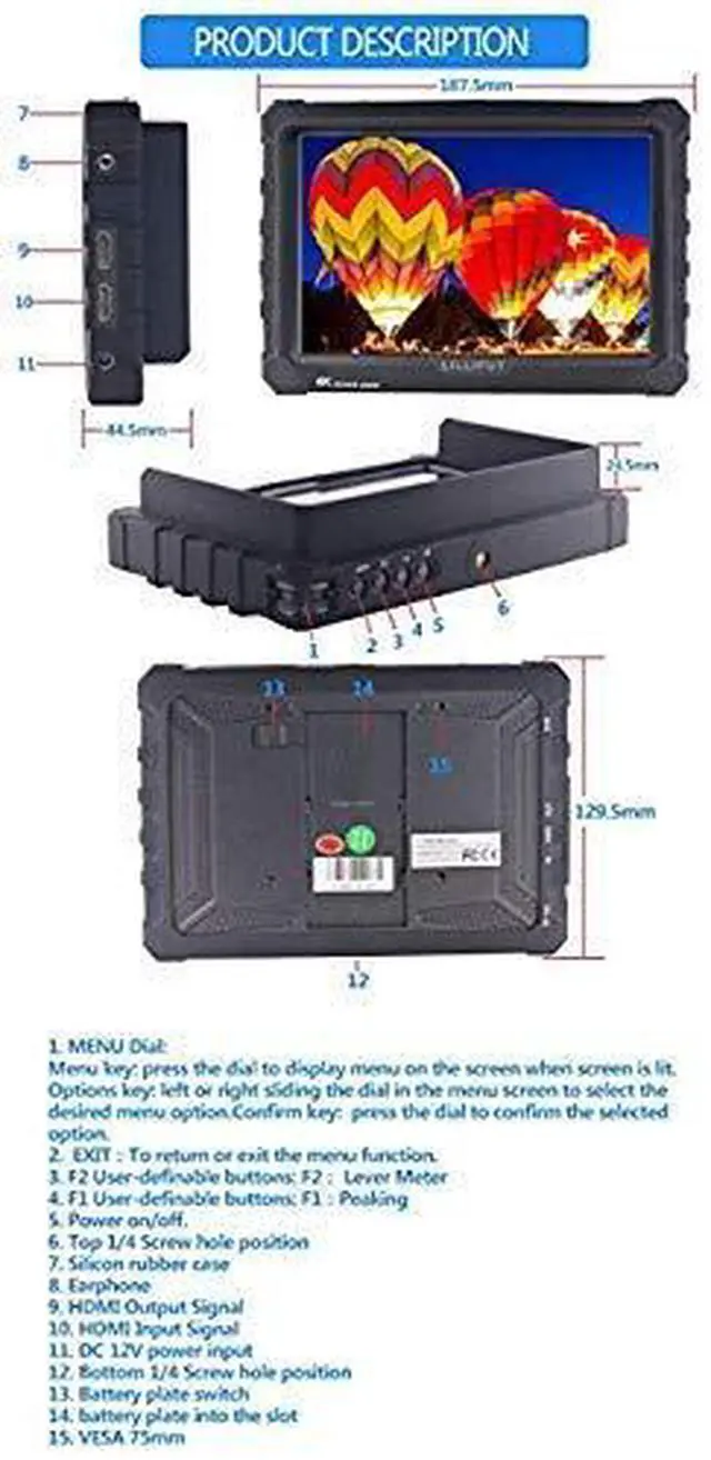 Alt view image 2 of 4 - Lilliput A7S Full HD 7 Inch IPS Video Camera Field Monitor w/ 4K Support (Black Case) HDMI Ports Advanced Bundle w/ Stabilizing Handle, Tripod, HDMI Cables, Carrying Case, Backpack, and Cleaning Kit