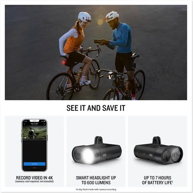 Alt view image 2 of 8 - Garmin Variaâ¢ Vue, Cycling Headlight and 4k Camera, Light Intensity up to 600 Lumens, Crystal-Clear Video Recording, Incident Detection While Cycling