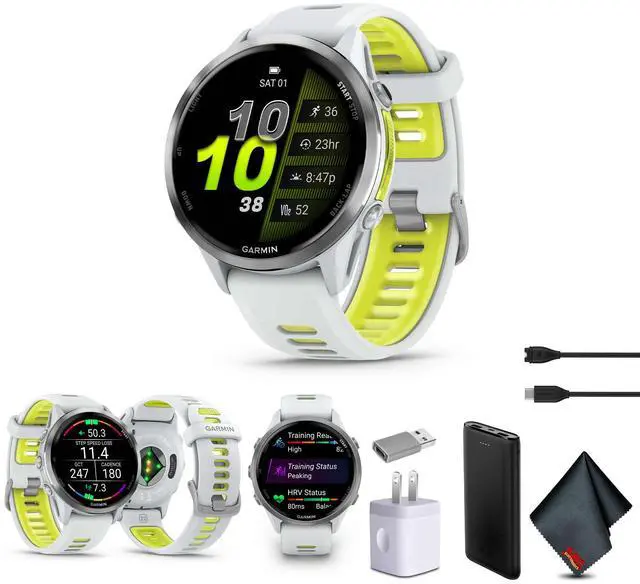 Main image of Garmin Forerunner 970 Running Smartwatch, GPS Fitness Smart Watch For Men And Women, Titanium with Whitestone Case and Whitestone/Translucent Amp Yellow Band, Bundle