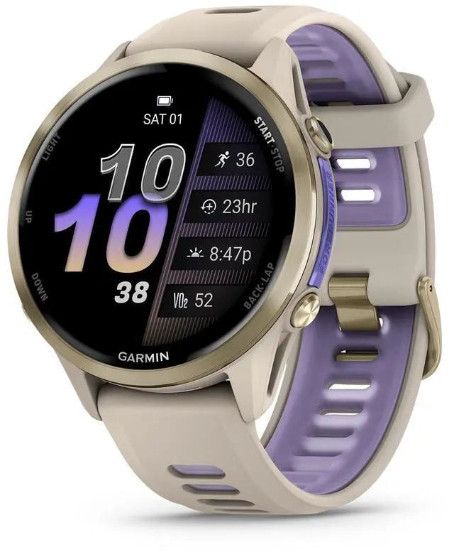 Alt view image 2 of 4 - Garmin Forerunner 970 Running Smartwatch, GPS Fitness Smart Watch For Men And Women, Soft Gold Titanium with French Gray Case and French Gray/Translucent Indigo Band, Bundle