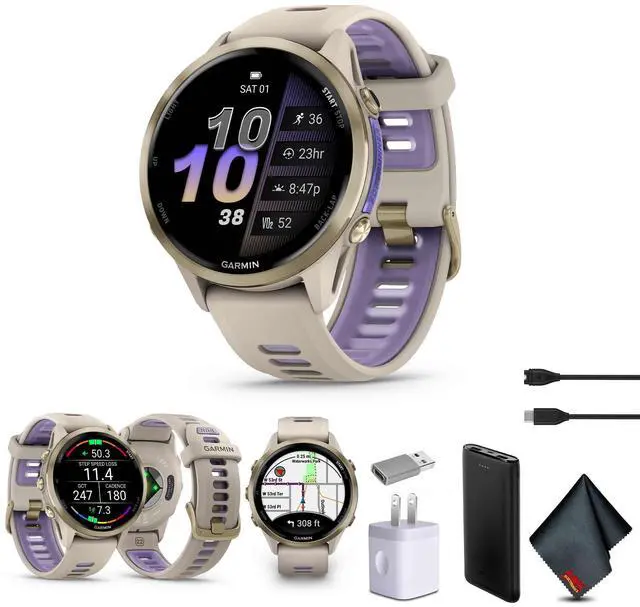 Main image of Garmin Forerunner 970 Running Smartwatch, GPS Fitness Smart Watch For Men And Women, Soft Gold Titanium with French Gray Case and French Gray/Translucent Indigo Band, Bundle