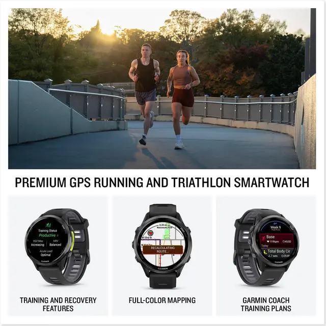 Alt view image 2 of 3 - Garmin® Forerunner® 970, Premium GPS Running and Triathlon Smartwatch, AMOLED Display, Built-in LED Flashlight, Carbon Gray DLC Titanium with Black Case and Black/Translucent Whitestone Band