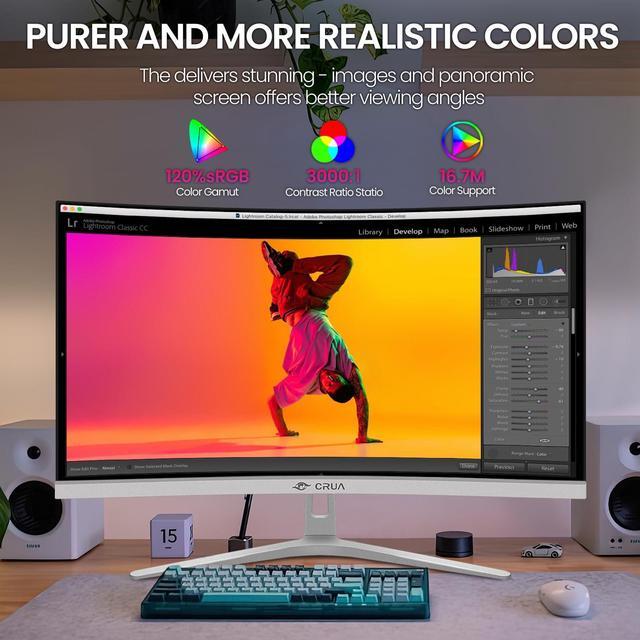 Alt view image 3 of 3 - CRUA 27" Curved White Monitor, Full HD(1920x1080P) VA Panel 1800R 100HZ 120% sRGB Professional Computer Monitors, 3Sides Frameless, Flicker-Less,Blue Light Filter, for Office & Gaming.(VGA, HDMI)