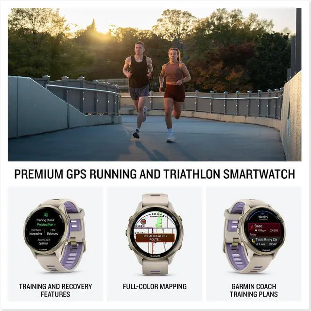 Alt view image 2 of 3 - Garmin® Forerunner® 970, Premium GPS Running and Triathlon Smartwatch, AMOLED Display, Built-in LED Flashlight, Soft Gold Titanium with French Gray Case and French Gray/Translucent Indigo Band