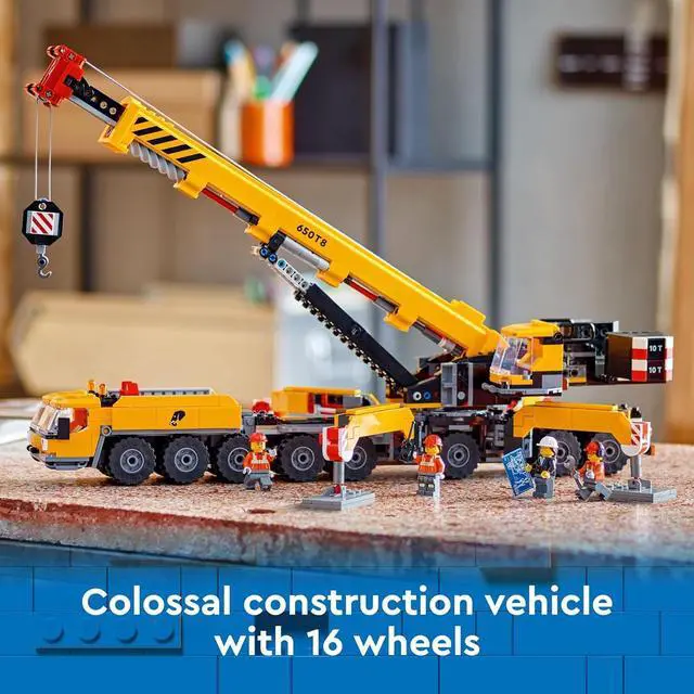 Alt view image 2 of 3 - LEGO City Yellow Mobile Construction Crane Toy Set for Boys and Girls, Long Extendable Boom and 4 Worker Minifigures Included for Imaginative Role Play, Construction Toy Birthday Gift for Kids, 60409