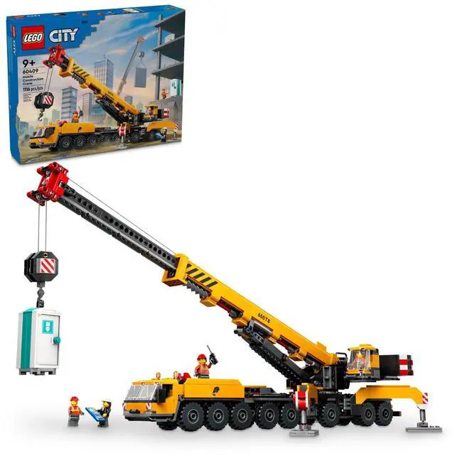 Main image of LEGO City Yellow Mobile Construction Crane Toy Set for Boys and Girls, Long Extendable Boom and 4 Worker Minifigures Included for Imaginative Role Play, Construction Toy Birthday Gift for Kids, 60409