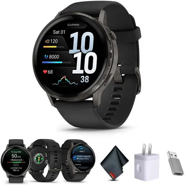 Main image of Garmin Venu 4, 45mm, Advanced Health and Fitness GPS Smartwatch, Bright and Colorful Display, Built-in Flashlight, 12 Days of Battery Life, Slate with Black Silicone Band