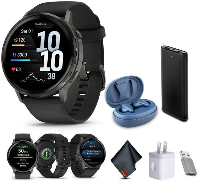 Main image of Garmin Venu 4, 45mm, Advanced Health and Fitness GPS Smartwatch, Bright and Colorful Display, Built-in Flashlight, 12 Days of Battery Life, Slate with Black Silicone Band