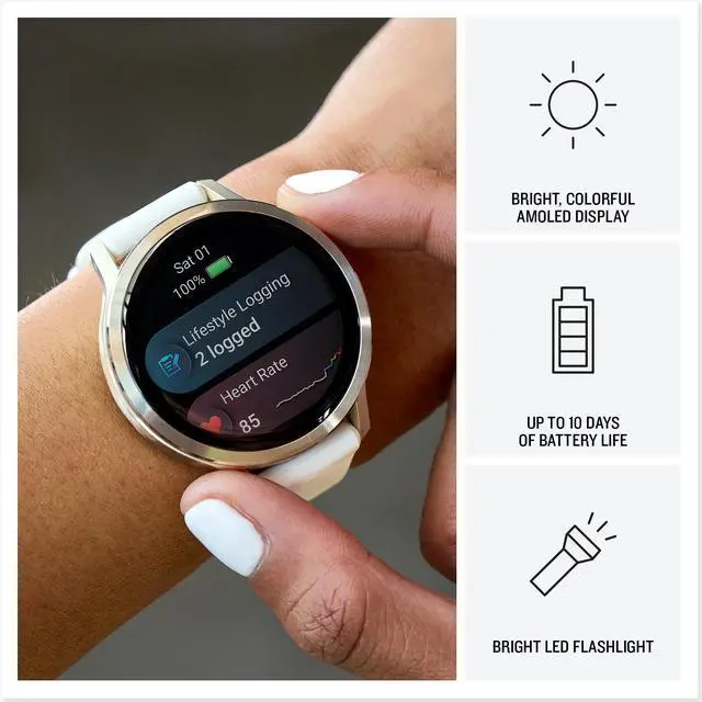 Alt view image 4 of 4 - Garmin Venu 4, 41mm, Advanced Health and Fitness GPS Smartwatch, Bright and Colorful Display, Built-in Flashlight, 10 Days of Battery Life, Silver with Periwinkle Silicone Band