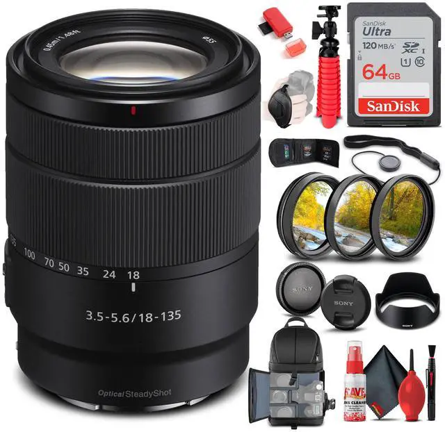 Main image of Sony E 18-135mm f/3.5-5.6 OSS Lens + Filter Kit + BackPack + 64GB Card + More