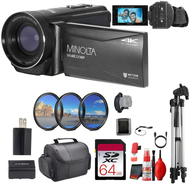 Main image of Minolta MN4K300WP 4K Ultra HD / 56 MP Waterproof Camcorder - Black - Bundle