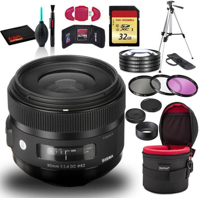 Sigma 30mm f/1.4 DC HSM Art Lens for Nikon F with Cleaning Kit, Tripod,  32GB Memory, USB Card Reader, Filters, and Case Bundle