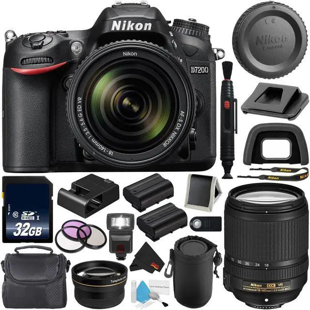 Alt view image 2 of 4 - Nikon D7200 DSLR Camera with 18-140mm Lens 1555 (International Model) + EN-EL15 Replacement Li-on Battery + 32GB SDHC Class 10 Memory Card + Wireless Remote + Deluxe Cleaning Kit Bundle