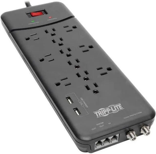 Alt view image 11 of 14 - Tripp Lite Surge Protector Power Strip 12 Outlets, 2 USB Charging Ports Tel/Modem/Coax