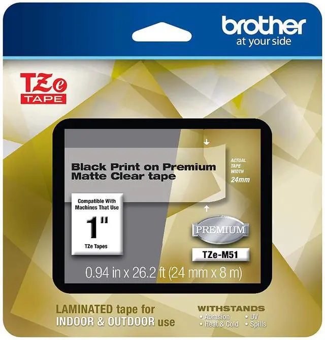 Alt view image 3 of 14 - Brother TZeM51 Black Print on Premium Matte Clear Laminated Tape for P-touch Label Maker, 24.00 mm (0.94”) wide x 8.00 m (26.20 ft.) long