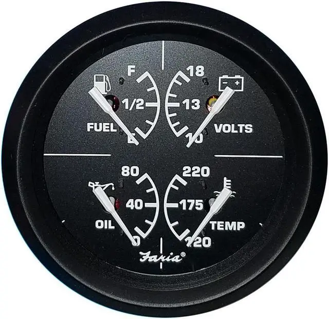 Alt view image 4 of 4 - Faria 4" 4-in-1 Multifunction Gauge - Voltmeter (10-16) Fuel Level - Oil PSI (80 PSI) - Water Temp (100-250F)