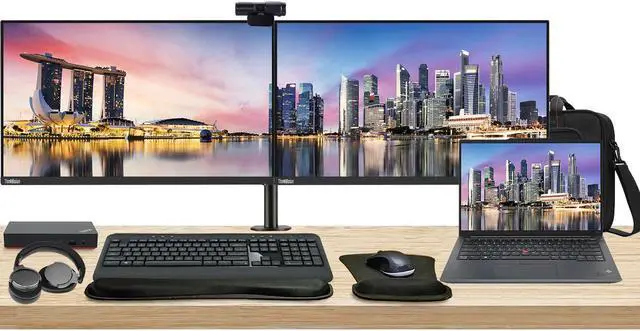 Main image of Lenovo E14 Gen 5 14" Ryzen 5, 8GB RAM, 256GB SSD, Notebook Bundle with 2 x ThinkVision T24i 24" Monitors, Dual Stand, USB-C Dock, MK540 Wireless Keyboard & Mouse, Gel Pad, Webcam, Headphones, Bag