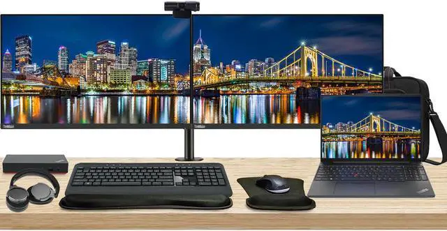 Main image of Lenovo Notebook Bundle E16 16" Ryzen 5, 16GB RAM, 256GB SSD, 2 x ThinkVision T27i 27" Monitor, Dual Stand, USB-C Dock, MK540 Wireless Keyboard & Mouse, Gel Pad, Webcam, Headphones, Bag