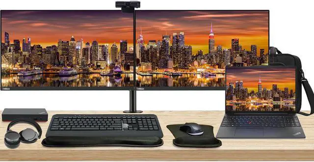 Main image of Lenovo E16 16" Ryzen 7, 16GB RAM, 512GB SSD, Notebook Bundle with 2 x ThinkVision T24i 24" Monitors, Dual Stand, USB-C Dock, MK540 Wireless Keyboard & Mouse, Gel Pad, Webcam, Headphones, Bag