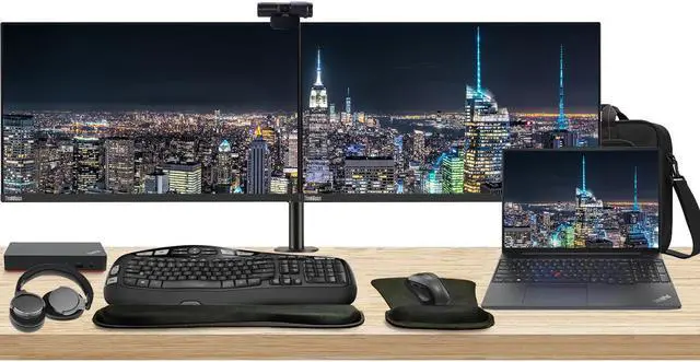 Main image of Lenovo E16 16" Ryzen 5, 8GB RAM, 256GB SSD, Notebook Bundle with 2 x ThinkVision T24i 24" Monitors, Dual Stand, USB-C Dock, MK670 Wireless Keyboard & Mouse, Gel Pad, Webcam, Headphones, Bag