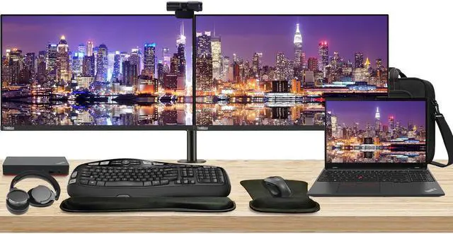 Main image of Lenovo T16 Gen 2 16" Ryzen 5, 16GB RAM, 256GB SSD, Windows 11 Pro ThinkPad Bundle with 2 x ThinkVision T27i 27" Monitors, Dual Stand, USB-C Dock, Keyboard & Mouse, Webcam, Headphones, Bag