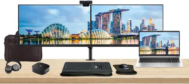 Main image of HP ProBook 455 G10 15.6" Ryzen 5, 16GB RAM, 256GB SSD, Bundle with 2 x EliteDisplay E27 27" Monitors, Dual Stand, USB-C Dock, MK540 Wireless Keyboard and Mouse, Gel Pad, Webcam, Headphones, Bag