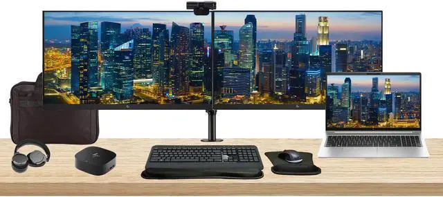 Main image of HP ProBook 455 G10 15.6" Ryzen 7, 16GB RAM, 512GB SSD, Bundle with 2 x EliteDisplay E27 27" Monitors, Dual Stand, USB-C Dock, MK540 Wireless Keyboard and Mouse, Gel Pad, Webcam, Headphones, Bag