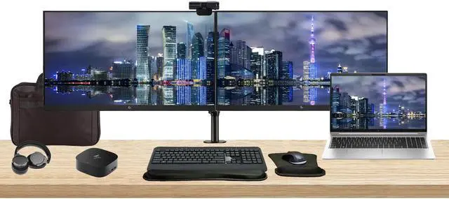 Main image of HP ProBook 450 G10 15.6" i5, 16GB RAM, 256GB SSD, Bundle with 2 x EliteDisplay E27 27" Monitors, Dual Stand, USB-C Dock, MK540 Wireless Keyboard and Mouse, Gel Pad, Webcam, Headphones, Bag