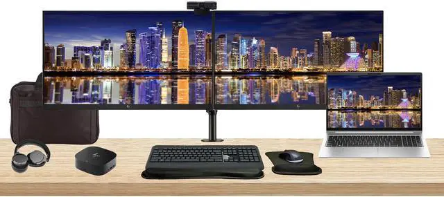 Main image of HP ProBook 450 G10 15.6" i7, 16GB RAM, 512GB SSD, Bundle with 2 x EliteDisplay E27 27" Monitors, Dual Stand, USB-C Dock, MK540 Wireless Keyboard and Mouse, Gel Pad, Webcam, Headphones, Bag