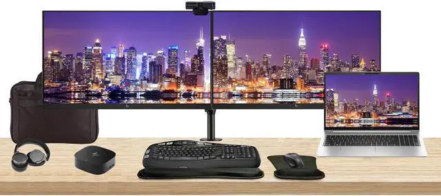 Main image of HP EliteBook 655 G10 15.6" Ryzen 5, 16GB RAM, 512GB SSD, Windows 11 Pro Notebook Bundle with 2 x EliteDisplay E27 27" Monitors, Dual Stand, USB-C Dock, Keyboard and Mouse, Webcam, Headphones, Bag