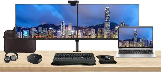 Main image of HP EliteBook 650 G10 15.6" i5, 16GB RAM, 512GB SSD, Windows 11 Pro Notebook Bundle with 2 x EliteDisplay E27 27" Monitors, Dual Stand, USB-C Dock, Keyboard and Mouse, Webcam, Headphones, Bag