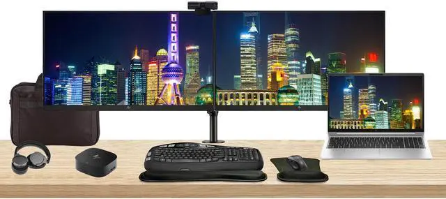 Main image of HP EliteBook 650 G10 15.6" i5, 8GB RAM, 256GB SSD, Windows 11 Pro Notebook Bundle with 2 x EliteDisplay E27 27" Monitors, Dual Stand, USB-C Dock, Keyboard and Mouse, Webcam, Headphones, Bag