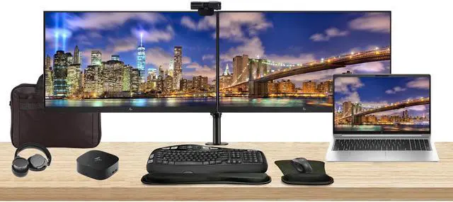 Main image of HP EliteBook 650 G10 15.6" i5, 16GB RAM, 512GB SSD, Windows 11 Pro Notebook Bundle with 2 x EliteDisplay E27 27" Monitors, Dual Stand, USB-C Dock, Keyboard and Mouse, Webcam, Headphones, Bag