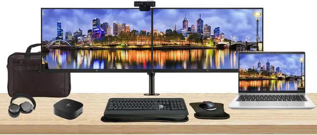 Main image of HP EliteBook 645 G10 14" Ryzen 5, 16GB RAM, 512GB SSD, Windows 11 Pro Notebook Bundle with 2 x EliteDisplay E24 24" Monitors, Dual Stand, USB-C Dock, Keyboard and Mouse, Webcam, Headphones, Bag
