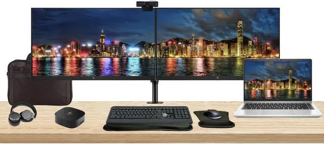 Main image of HP EliteBook 645 G10 14" Ryzen 5, 16GB RAM, 512GB SSD, Windows 11 Pro Notebook Bundle with 2 x EliteDisplay E27 27" Monitors, Dual Stand, USB-C Dock, Keyboard and Mouse, Webcam, Headphones, Bag