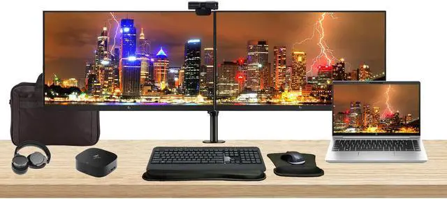 Main image of HP ProBook 445 G10 14" Ryzen 5, 8GB RAM, 256GB SSD, Bundle with 2 x EliteDisplay E27 27" Monitors, Dual Stand, USB-C Dock, MK540 Wireless Keyboard and Mouse, Gel Pad, Webcam, Headphones, Bag