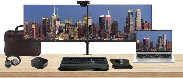 Main image of HP ProBook 445 G10 14" Ryzen 5, 16GB RAM, 256GB SSD, Bundle with 2 x EliteDisplay E24 24" Monitors, Dual Stand, USB-C Dock, MK540 Wireless Keyboard and Mouse, Gel Pad, Webcam, Headphones, Bag