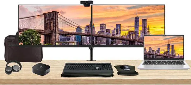 Main image of HP EliteBook 645 G10 14" Ryzen 7, 32GB RAM, 1TB SSD, Windows 11 Pro Notebook Bundle with 2 x EliteDisplay E27 27" Monitors, Dual Stand, USB-C Dock, Keyboard and Mouse, Webcam, Headphones, Bag