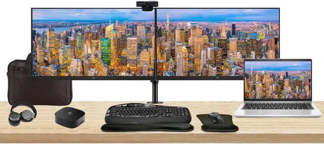 Main image of HP EliteBook 645 G10 14" Ryzen 5, 16GB RAM, 512GB SSD, Windows 11 Pro Notebook Bundle with 2 x EliteDisplay E27 27" Monitors, Dual Stand, USB-C Dock, Keyboard and Mouse, Webcam, Headphones, Bag